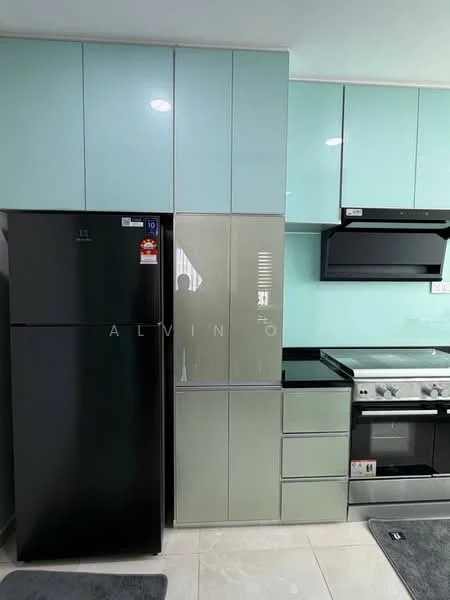 Kitchen features: black fridge, glass-front cabinetry, light green upper cabinets, dark lower cabinets, stainless-steel range oven, built-in range hood, white countertop, ceramic tile flooring, grey area rug; style: modern.