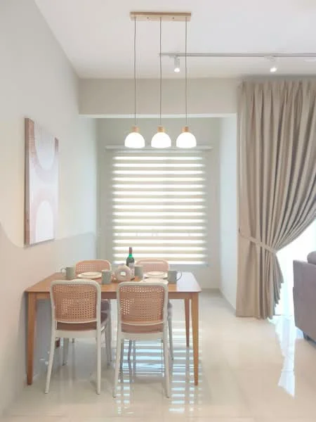 Dining features: 4-seater wooden dining table, woven dining chairs, pendant lighting with three globes, white walls, cream curtains, window with roller blinds, glossy tile flooring, decorative wall art; style: modern.