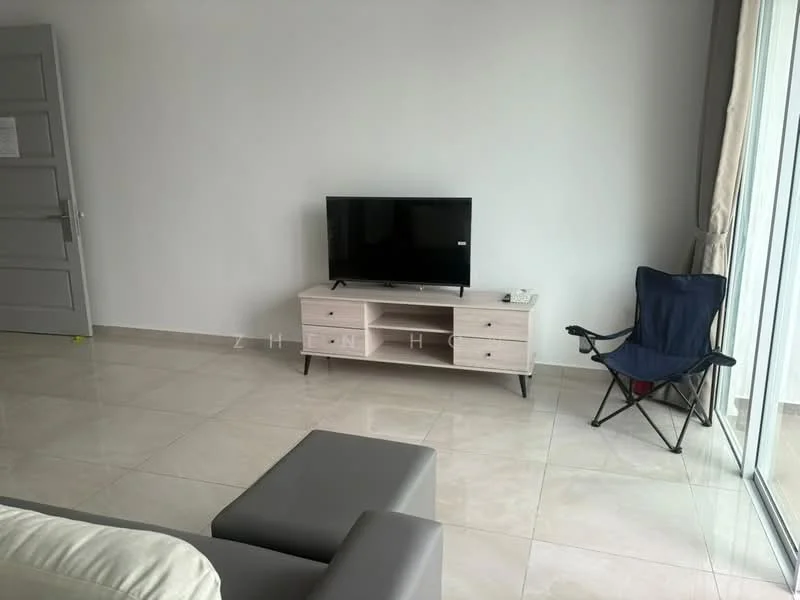 Living features: large floor-to-ceiling windows, light grey walls, white tiled flooring, flat-screen TV on a light wood TV console, two open shelves on the console, black folding chair, sofa with grey upholstery, curtains, minimalist decor; style: modern.