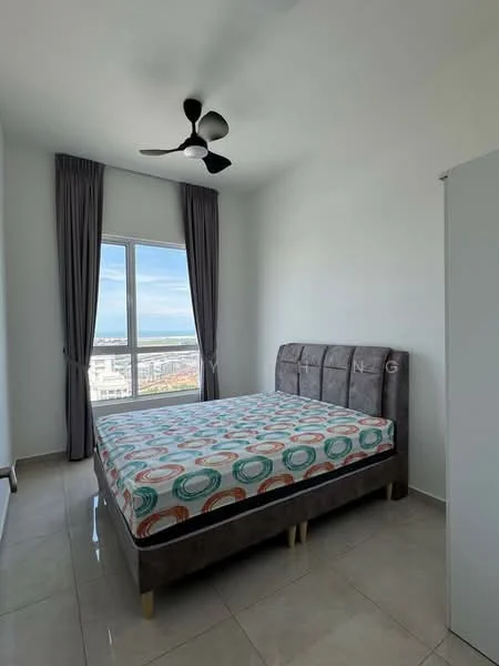 Bedroom features: queen-size bed with upholstered headboard, bedding with colorful circular pattern, floor-to-ceiling window, city view, grey curtains, ceiling fan with 3 blades, light-colored walls, tile flooring, built-in wardrobe; style: modern; view: city.