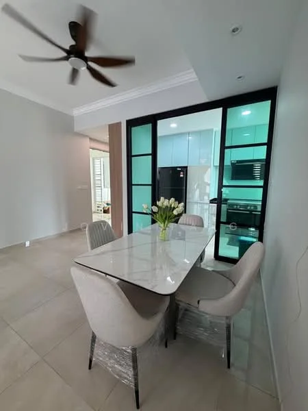 Dining features: 6-seater dining table with marble top, upholstered dining chairs, ceiling fan with 5 blades, grey painted walls, tile flooring, glass sliding door, decorative vase with tulips, open layout to kitchen; style: modern. Kitchen features: black refrigerator, built-in oven, stainless-steel range hood, kitchen cabinetry in light blue, countertop with backsplash, kitchen island, tile flooring; style: modern.