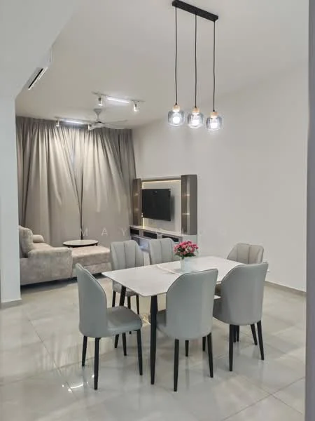 Dining features: 6-seater dining table with marble top, upholstered dining chairs in light grey, pendant lighting with three glass bulbs, floor-to-ceiling curtains in light grey, polished ceramic tile flooring, wall-mounted TV unit, decorative plant on table, sofa in light grey fabric; style: modern.