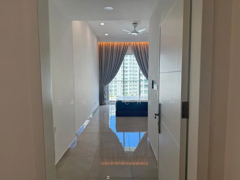 Room features: glossy tile flooring, white painted walls, ceiling fan, floor-to-ceiling windows, curtains, natural light, neutral color palette, view of city skyline; style: modern; view: city.