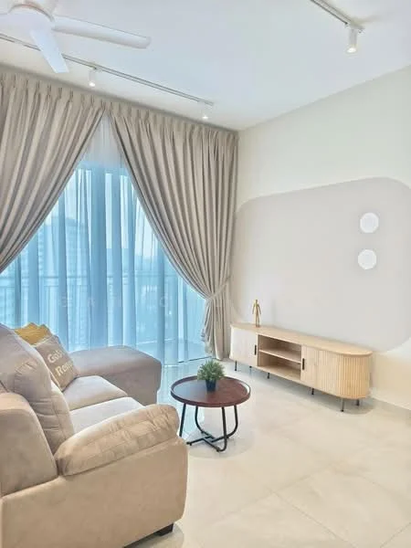 Living features: beige fabric sofa, round wooden coffee table, light-colored sideboard, floor-to-ceiling windows, sheer curtains, recessed ceiling lights, light-colored walls, polished tile flooring; style: modern; view: city.