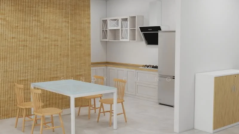 Kitchen features: white painted walls, wood panel accent wall, light-colored cabinetry with glass-front upper cabinets, stainless-steel fridge, built-in oven, 4-burner gas hob, white dining table, 4 wooden dining chairs, light-colored countertop, tile flooring, exhaust hood, open shelving; style: modern.