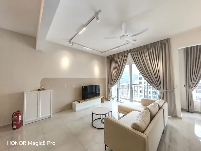 Living features: cream painted walls, marble tile flooring, 5-blade ceiling fan with light, sofa in beige, coffee table, TV console, wall-mounted TV, floor-to-ceiling windows with sheer curtains, curtains in grey, fire extinguisher, decorative wall panel, recessed lighting; style: modern; view: city.