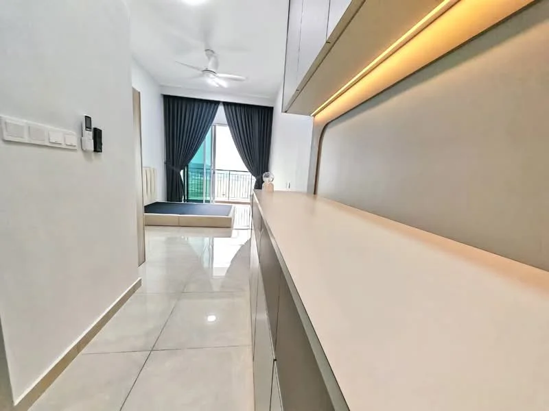 Room features: white painted walls, glossy tile flooring, ceiling fan, built-in cabinetry, light-colored countertop, floor-to-ceiling windows, dark curtains, balcony access, neutral color scheme; style: modern; view: city.