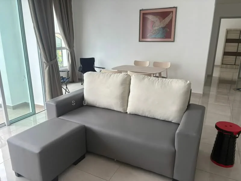 Living features: grey fabric sofa with removable cushions, small grey ottoman, light-colored dining table with four chairs, floor-to-ceiling windows, curtains in light beige, tile flooring, framed artwork on wall, decorative red stool; style: modern.