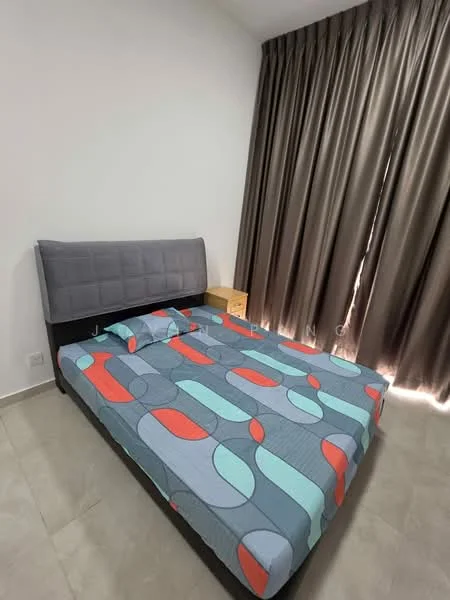 Bedroom features: king-size bed with patterned bedding, upholstered headboard in grey, nightstand with drawer, floor-to-ceiling curtains in brown, smooth tiled flooring in light color, white painted walls, natural light from window, decorative wall art; style: modern.
