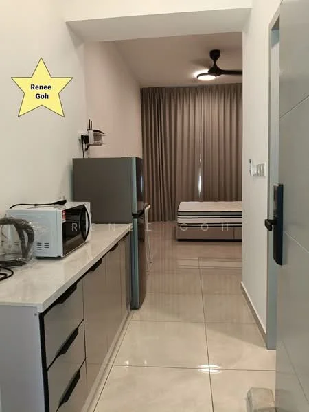 Room features: white painted walls, glossy tile flooring, ceiling fan, refrigerator, microwave, kitchen cabinetry, countertop, bed with bedding, curtains, wall-mounted shelf; style: modern.