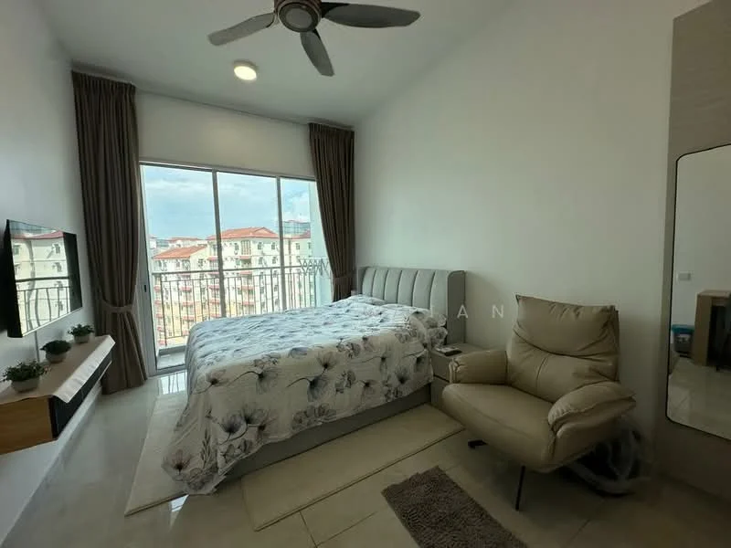 Bedroom features: king-size bed with floral bedding, upholstered headboard, 2 bedside plants, floor-to-ceiling windows, curtains, ceiling fan, beige armchair, wall-mounted TV, wooden TV console, light-colored tiled flooring, decorative rug; style: modern; view: city.