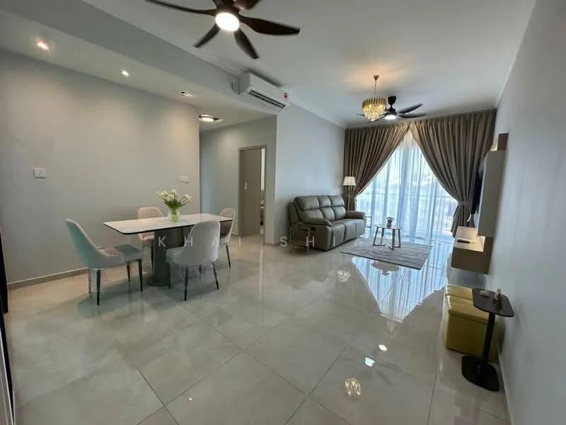 Living features: grey leather sofa, 3-seater sofa, round coffee table, TV console, wall-mounted TV, area rug, ceiling fan with light, recessed downlights, floor-to-ceiling windows, curtains, marble tile flooring, decorative wall, dining table with 4 chairs; style: modern; view: city.