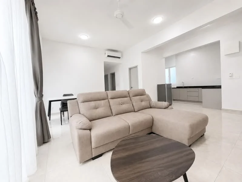 Living features: beige L-shape sectional sofa, round wooden coffee table, white walls, recessed downlights, floor-to-ceiling windows with sheer curtains, light-colored tiled flooring, wall-mounted split AC, ceiling fan; style: modern. Kitchen features: grey cabinetry, stainless-steel fridge, white countertop, open layout to living area; style: modern.
