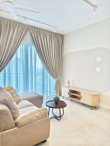 Living features: beige fabric sofa, round coffee table with black metal base, curtains in light beige, floor-to-ceiling windows, light-colored wall with decorative elements, recessed lighting, marble tile flooring, ceiling fan; style: modern; view: city.