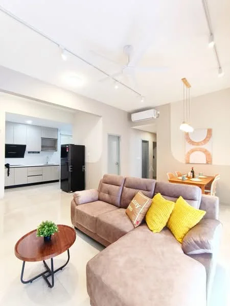 Living features: L-shape sectional sofa in grey, yellow decorative cushions, wooden coffee table, 5-blade ceiling fan with light, recessed LED downlights, wall-mounted air conditioning unit, open-plan layout with dining area visible, cream painted walls, glossy tile flooring; style: modern. Dining features: round dining table, 4 upholstered dining chairs, pendant lamp above table; style: modern. Kitchen features: stainless-steel fridge, built-in oven, freestanding range oven, white cabinetry, black countertop, kitchen island with seating; style: modern.