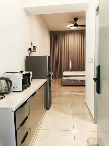 Kitchen features: stainless-steel fridge, microwave, white cabinetry, marble countertop, ceramic tile flooring, 5-blade ceiling fan, wall-mounted light, grey backsplash; style: modern. Bedroom features: queen-size bed, bedside table, floor-to-ceiling curtains, laminate flooring, wall-mounted light, decorative wall art; style: modern.
