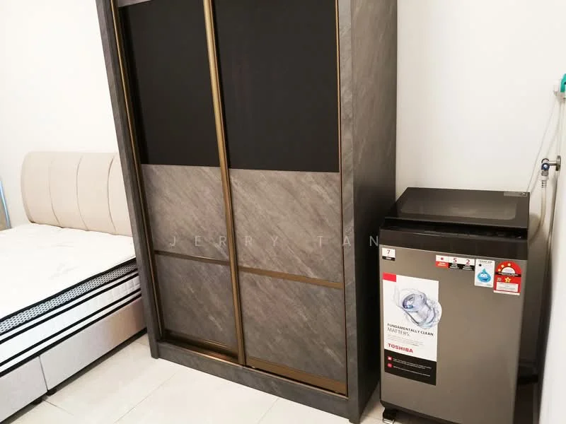 Bedroom features: queen-size bed, upholstered headboard, sliding door wardrobe with grey finish, mini fridge, white bedding, tile flooring, wall-mounted power outlet, decorative wall art; style: modern.