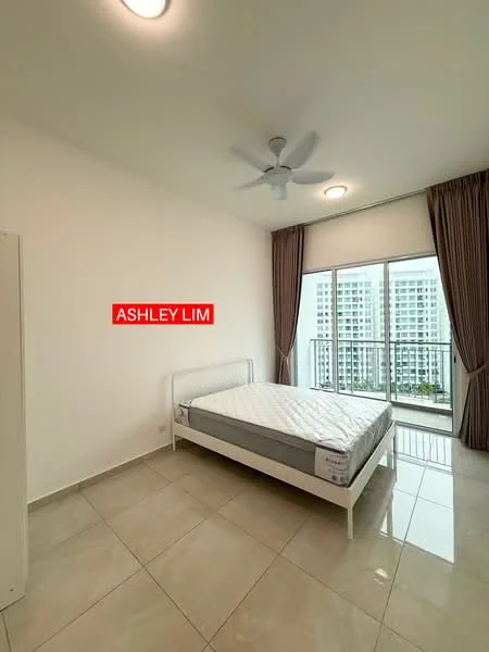 Bedroom features: queen-size bed, white bed frame, light grey mattress, floor-to-ceiling windows, curtains in brown, ceiling fan, white painted walls, glossy tile flooring; style: modern; view: city.