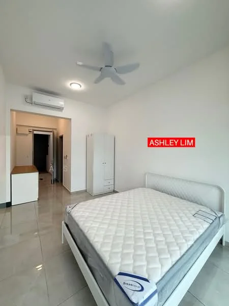 Bedroom features: queen-size bed, white bed frame, mattress without bedding, 5-blade ceiling fan, wall-mounted split AC, white painted walls, glossy tile flooring, built-in wardrobe, nightstand, doorway leading to hallway; style: modern.