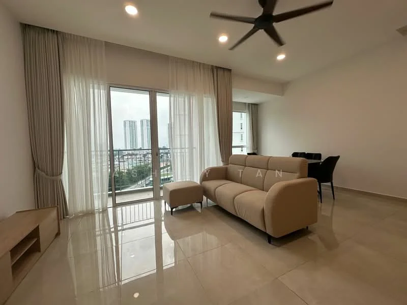 Living features: 3-seater fabric sofa in beige, floor-to-ceiling windows, sheer curtains, marble tile flooring, ceiling fan, wall-mounted TV console, dining table with chairs, balcony access; style: modern; view: city.