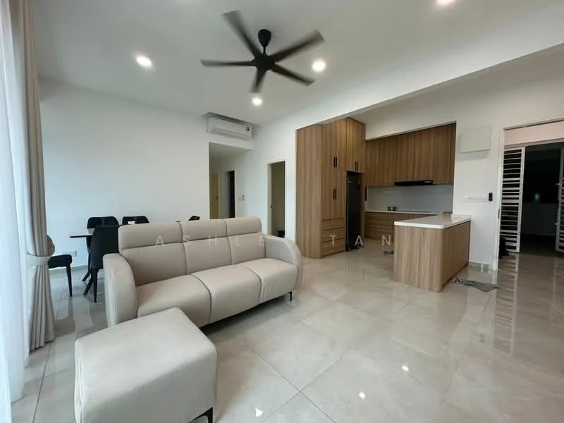 Living features: 3-seater fabric sofa in beige, ottoman, coffee table, floor-to-ceiling windows with sheer curtains, 5-blade ceiling fan, marble tile flooring, recessed downlights, wood cabinetry, kitchen island with seating, open layout to kitchen, dining area with black chairs; style: modern. Kitchen features: wood cabinetry, stainless-steel sink, built-in oven, freestanding range oven, countertop with bar seating, refrigerator, tile backsplash; style: modern.