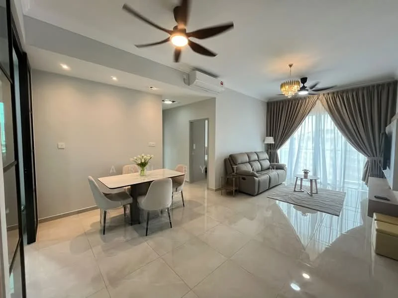 Living features: 5-blade ceiling fan with light, chandelier, grey leather sofa, dining table for 4 with white chairs, TV console, wall-mounted TV, large windows with sheer curtains, marble tile flooring, neutral painted walls, area rug with geometric pattern; style: modern.