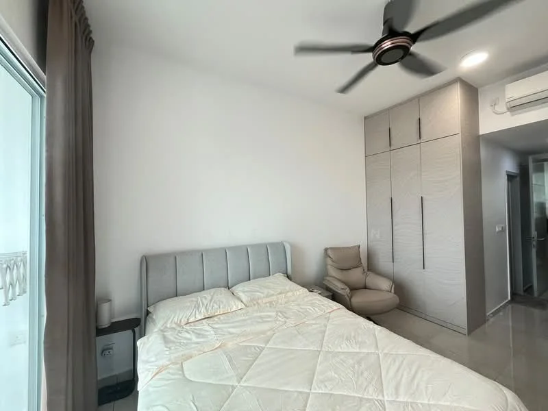 Bedroom features: queen-size bed, upholstered headboard, 2 bedside lamps, built-in wardrobe with textured finish, floor-to-ceiling windows, curtains, ceiling fan with light, polished tile flooring, recessed lighting; style: modern; view: city.