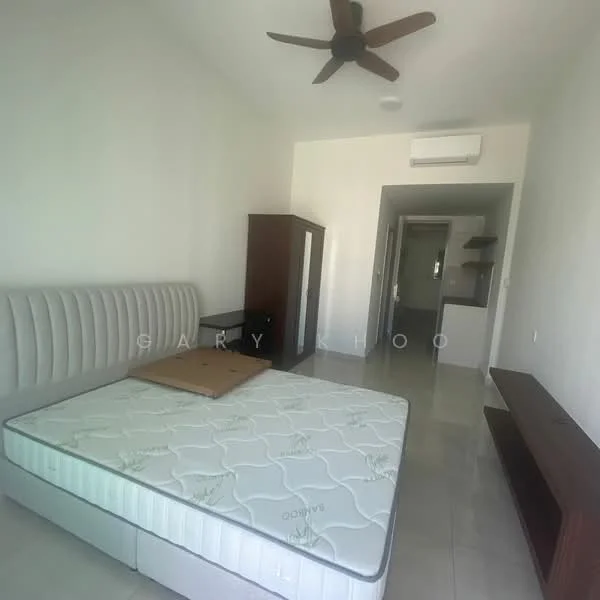Bedroom features: queen-size bed with mattress, upholstered headboard, wooden wardrobe, black dresser, wall-mounted shelf, ceiling fan, wall-mounted air conditioning unit, white painted walls, tile flooring, natural light from window; style: modern.