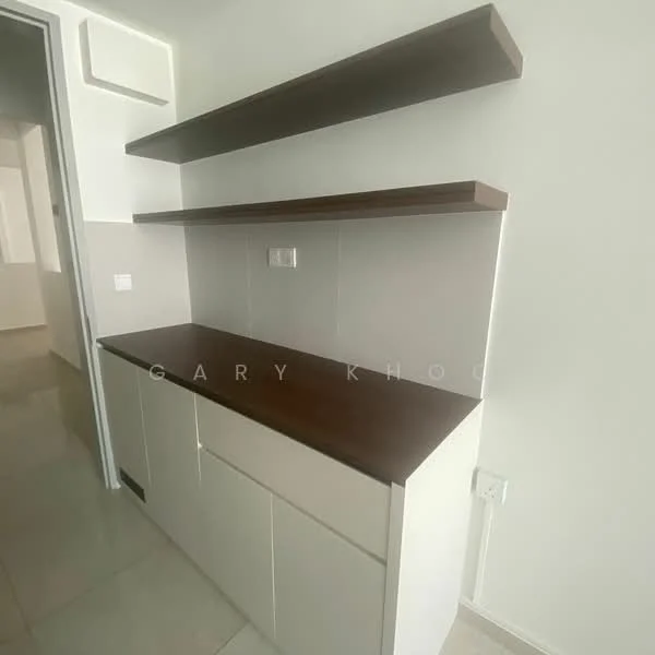 Room features: white cabinetry, brown wooden countertop, open shelving, tile backsplash, neutral wall color, floor tile flooring, built-in electrical outlet; style: modern.