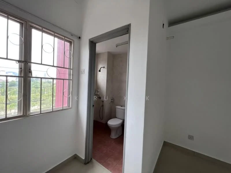 Room features: white painted walls, tile flooring, window with metal grille, shower head, toilet, light fixture, neutral color scheme, corner view; style: modern; view: city.