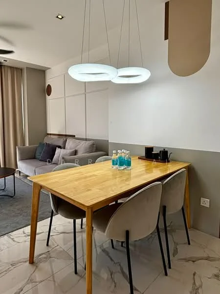 Dining features: wood dining table, 4 upholstered dining chairs, pendant lighting with circular design, marble flooring, grey accent wall, white painted wall, sofa in adjacent living area, decorative wall paneling; style: modern.