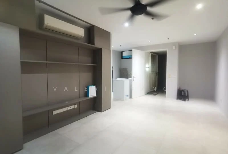Living features: light grey painted walls, white ceiling, 5-blade ceiling fan, built-in shelving unit, wall-mounted air conditioning unit, large floor tiles, neutral flooring, open layout; style: modern. Room features: doorway leading to another room, white door, light grey walls.