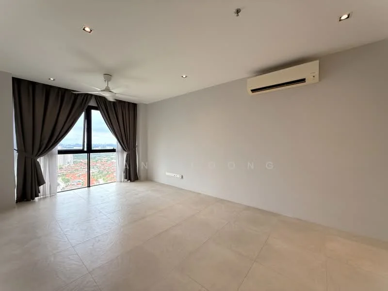 Living features: large floor-to-ceiling window, grey painted walls, light-colored tile flooring, 5-blade ceiling fan, curtains in dark grey, air conditioning unit on wall, open layout, city view from window; style: modern; view: city.