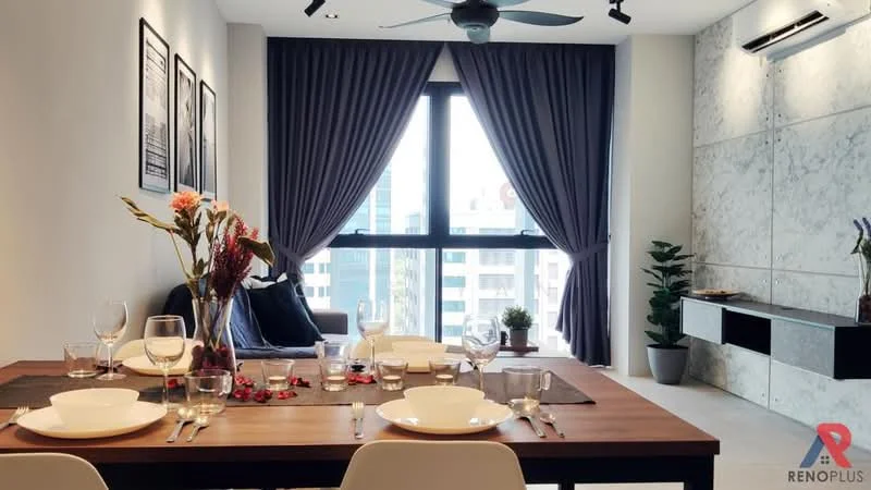 Dining features: wood dining table, 6 dining chairs, table setting with glasses and cutlery, grey curtains, floor-to-ceiling windows, ceiling fan with light, decorative plant, wall-mounted TV unit, decorative wall art, light-colored flooring, neutral wall color, decorative vase with flowers; style: modern; view: city.