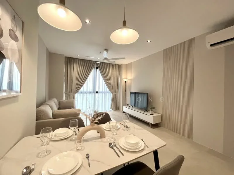Dining features: 6-seater dining table with marble top, upholstered dining chairs, pendant lighting, floor-to-ceiling windows, curtains, light-colored walls, neutral-colored flooring, decorative wall paneling, sofa in light grey fabric, TV console with wall-mounted TV, ceiling fan; style: modern; view: city.