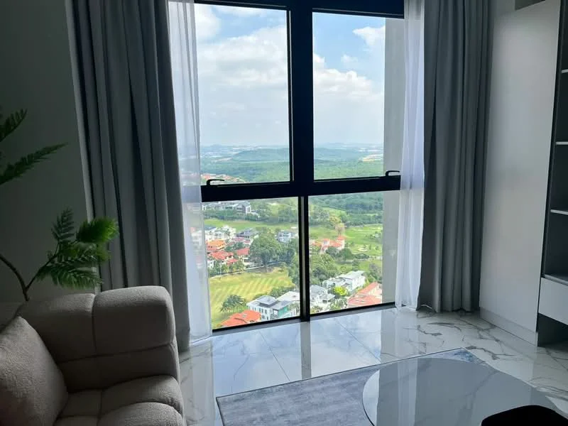 Living features: floor-to-ceiling windows, grey sheer curtains, marble tile flooring, light grey fabric sofa, decorative plant, coffee table, view of greenery and houses, natural light; style: modern; view: garden.