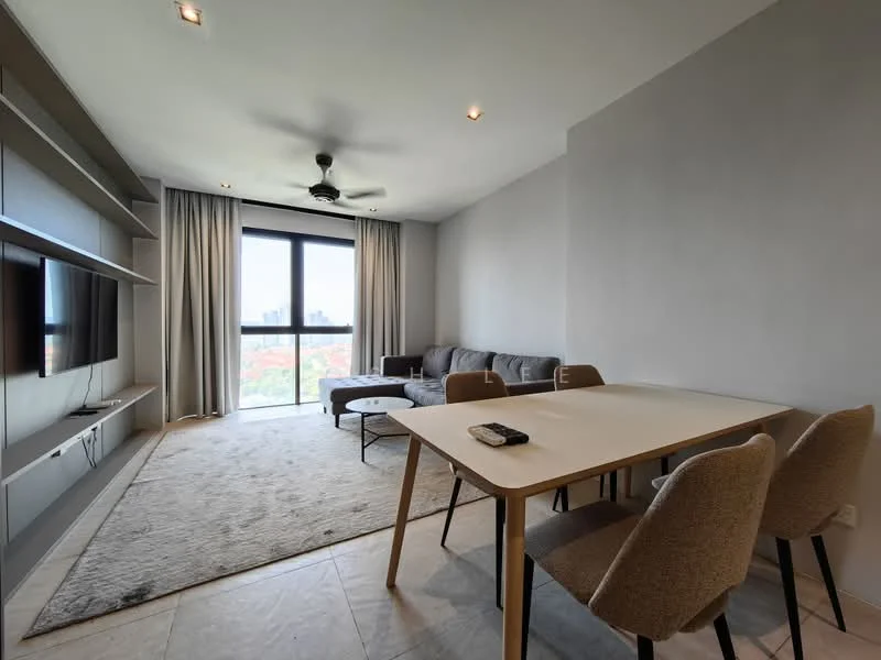 Living features: 3-seater fabric sofa in grey, coffee table, TV console, wall-mounted TV, area rug, 5-blade ceiling fan with light, floor-to-ceiling windows, curtains, light-colored walls, tile flooring; style: modern; view: city.