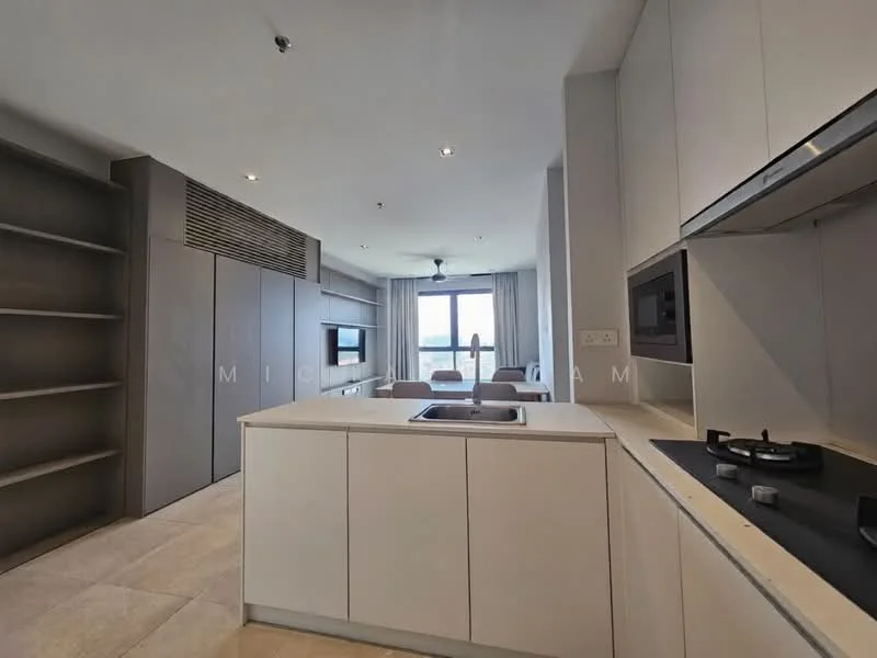 Kitchen features: white cabinetry, kitchen island with sink, stainless-steel sink, chrome pull-down faucet, built-in oven, gas hob, recessed downlights, floor-to-ceiling windows, open shelving, light-colored tile flooring, air conditioning vent, neutral wall color; style: modern; view: city. Living features: dining table, ceiling fan, large window, neutral wall color, light-colored tile flooring; style: modern; view: city.