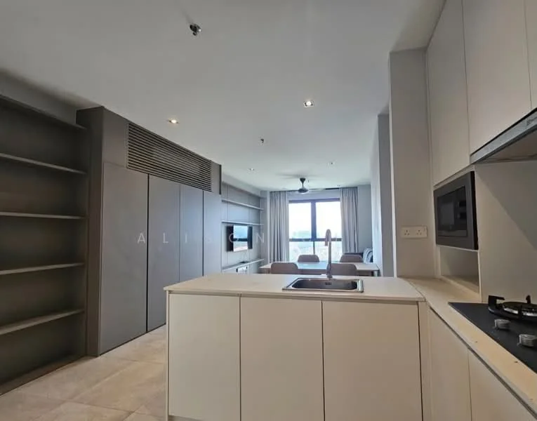 Kitchen features: island kitchen with built-in sink, stainless-steel sink, chrome faucet, white cabinetry, grey accent wall, open shelving, built-in microwave, built-in oven, gas hob, recessed downlights, floor-to-ceiling windows, tile flooring, ceiling fan; style: modern; view: city.