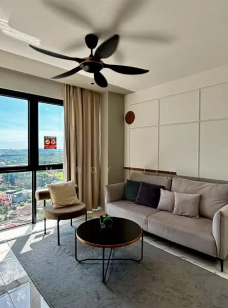 Living features: 3-seater fabric sofa in light grey, round coffee table with black top and gold legs, area rug with neutral color, floor-to-ceiling windows, sheer curtains, 5-blade ceiling fan with light, decorative wall paneling, city view; style: modern; view: city.