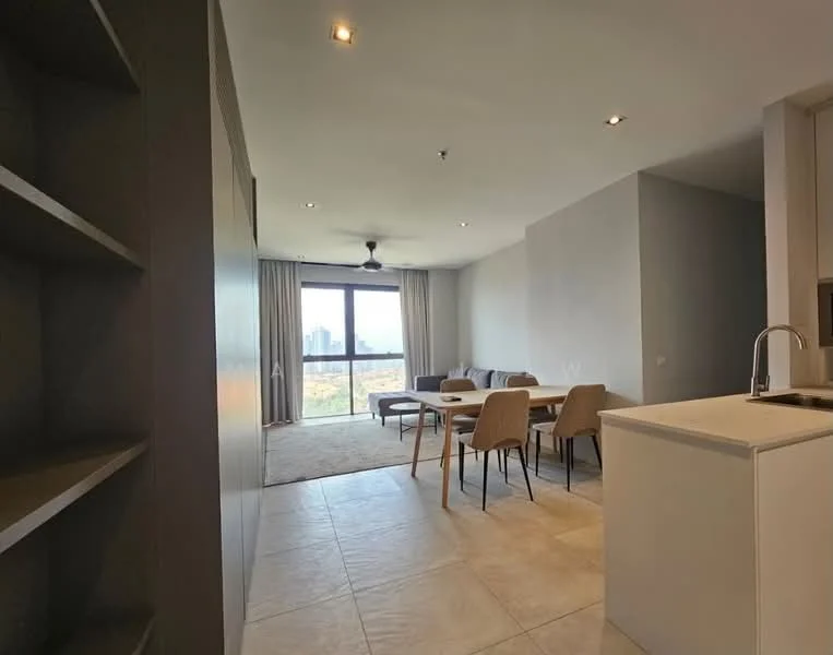 Living features: floor-to-ceiling windows, grey fabric sofa, 4-seater dining table, upholstered dining chairs, ceiling fan, recessed downlights, neutral wall colour, light-coloured flooring, curtains, open layout, city view; style: modern; view: city. Kitchen features: white cabinetry, stainless-steel sink, countertop, built-in appliances, open layout; style: modern.