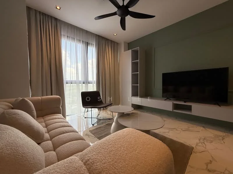 Living features: 3-seater fabric sofa in beige, round coffee table, TV console, wall-mounted TV, floor-to-ceiling windows, sheer curtains, marble tile flooring, ceiling fan with light, decorative wall with green paint, area rug; style: modern; view: city.