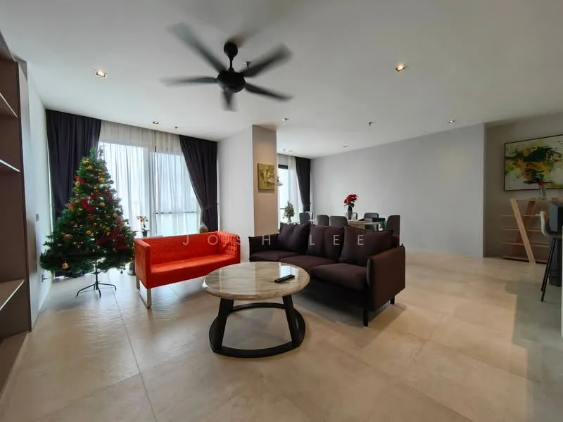 Living features: 3-seater fabric sofa in dark brown, 2-seater fabric sofa in orange, round coffee table with dark wood base, ceiling fan with light, floor-to-ceiling windows with sheer curtains, decorative Christmas tree, wall-mounted artwork, tile flooring in light beige, recessed downlights, dining table with chairs visible in background; style: modern; view: city.
