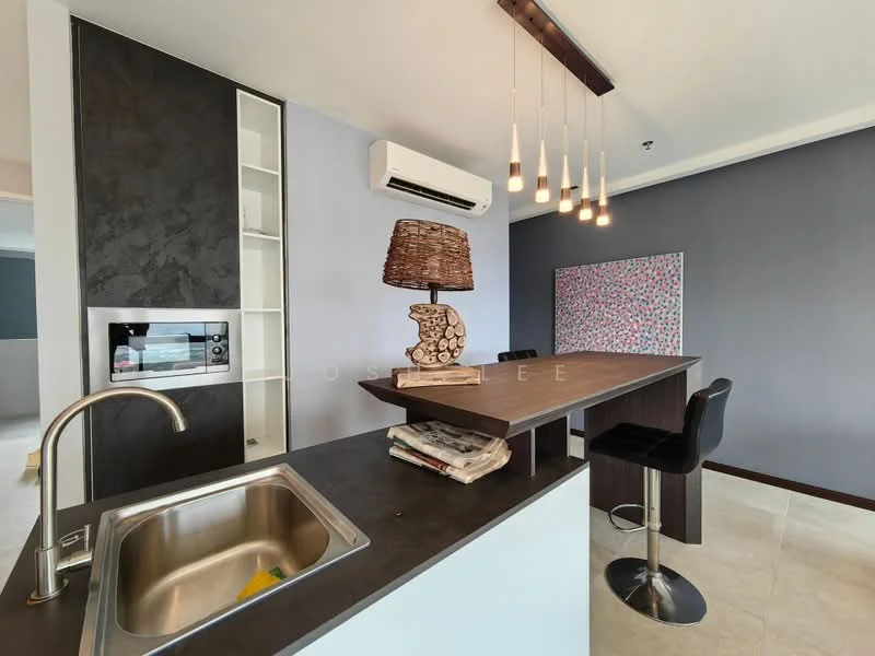 Kitchen features: single-bowl stainless-steel sink, chrome pull-down faucet, black countertop, built-in microwave, white cabinetry, open shelving, pendant lighting, bar counter with stools, wall-mounted split AC, decorative wall with patterned design, cream tile flooring, dark accent wall; style: modern.