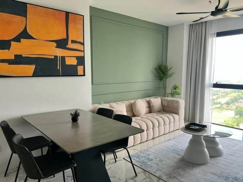 Living features: 3-seater fabric sofa in beige, black dining table with 4 chairs, area rug with geometric pattern, green accent wall, large window with city view, ceiling fan, framed artwork with abstract design, potted plant; style: modern; view: city.