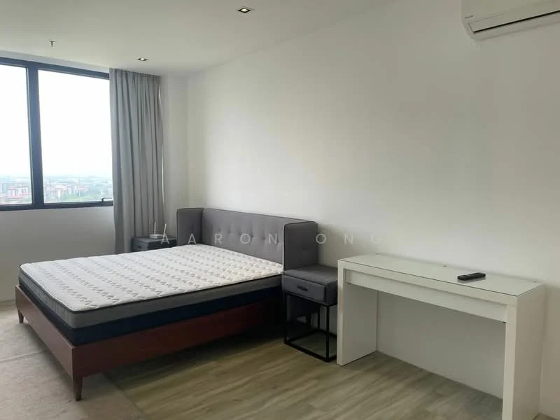 Bedroom features: queen-size bed, upholstered headboard, nightstand, desk, chair, floor-to-ceiling window, curtains, air conditioning unit, light-colored walls, laminate flooring; style: modern; view: city.