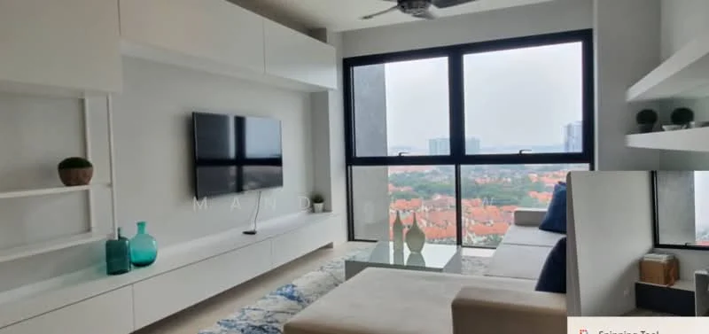 Living features: light grey fabric sofa, glass coffee table, wall-mounted flat-screen TV, white built-in shelving unit, blue decorative vases, green decorative plants, recessed downlights, ceiling fan, large floor-to-ceiling windows, city view; style: modern; view: city.