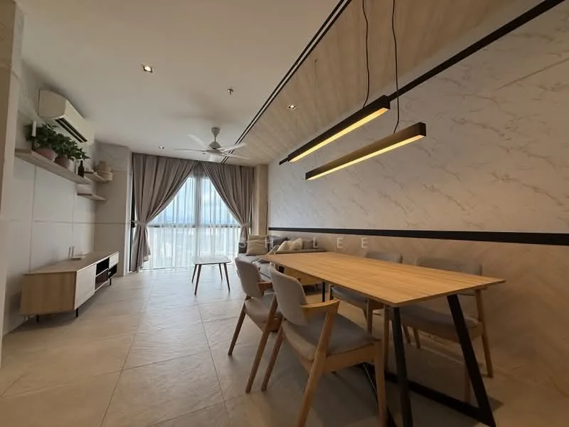 Dining features: dining table with wooden top, 4 wooden dining chairs, pendant light fixture, ceiling fan, floor-to-ceiling windows, curtains, light-colored tiled flooring, wall-mounted shelving unit, decorative plants on shelf, accent wall with marble pattern; style: modern; view: city.