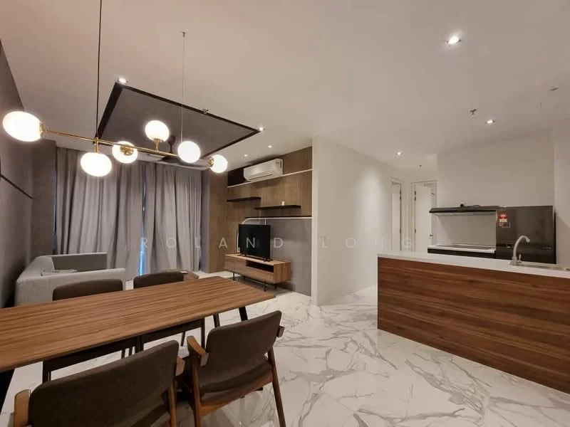 Living features: grey fabric sofa, wooden dining table for 6, upholstered dining chairs, TV console, wall-mounted TV, recessed downlights, pendant lighting with multiple bulbs, marble flooring, air conditioning unit, floor-to-ceiling curtains, wooden cabinetry, open kitchen layout; style: modern.