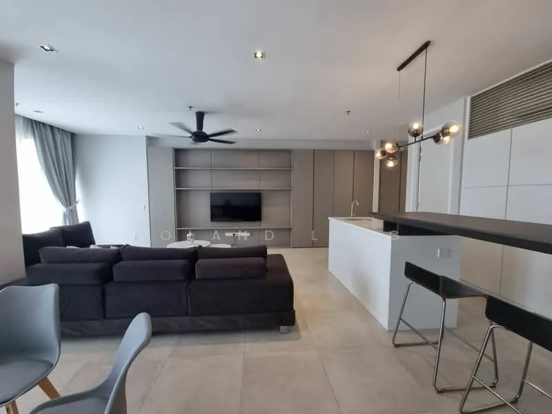 Living features: 3-seater fabric sofa in dark grey, wall-mounted TV, TV console, recessed downlights, 5-blade ceiling fan, large window with sheer curtains, light grey tiled flooring, decorative wall paneling, open-plan layout with kitchen, area rug, coffee table; style: modern. Kitchen features: white kitchen island, stainless-steel sink, chrome pull-down faucet, bar stools, built-in cabinetry, open shelving, recessed lighting; style: modern.